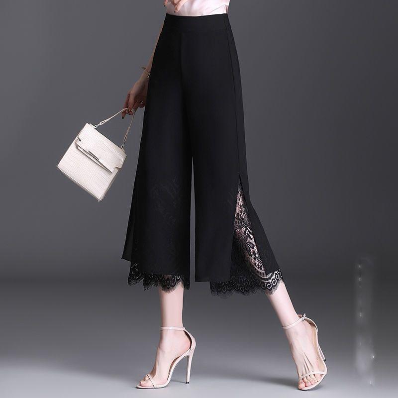 Sommer Damen Sexy Spitze Seitenschlitz Weitbein Hose Locker Knöchellang Hohe Taille Hose Kühl und Atmungsaktiv Damen Hose M schwarz