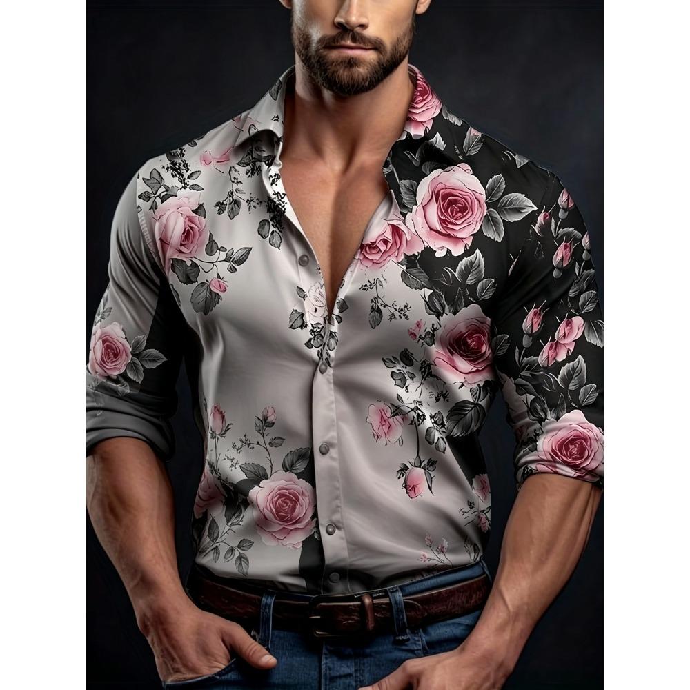 Men's Contrasting Rose Print Long Sleeved Shirt with Slim Fit Collar Shirt for Vacation Parties and Street Fashion Tops