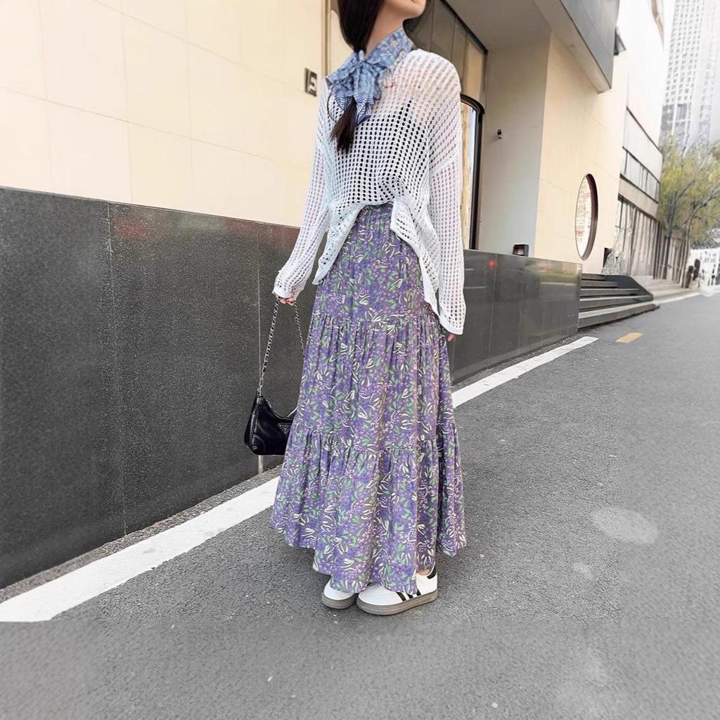 2025 Summer Floral Cotton-Silk Midi Skirt: Slimming, Thin Rayon Cardigan, Long Cake Skirt for Women.