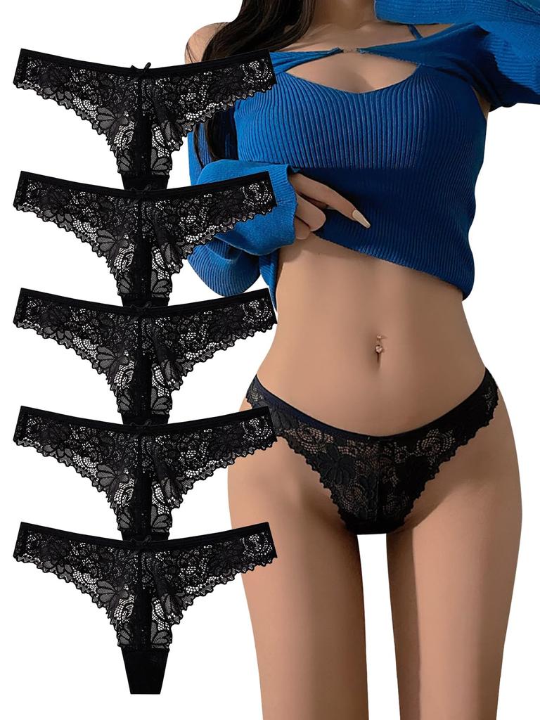 RUOXIAO Full Lace Floral Women's T-Back Panties, Print, Comfortable, Sexy, Soft, Non-Constricting, Breathable, 5-Pack