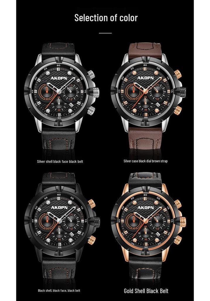 AKDPN Men's Multi-Function Chronograph Quartz Watch with Leather Strap