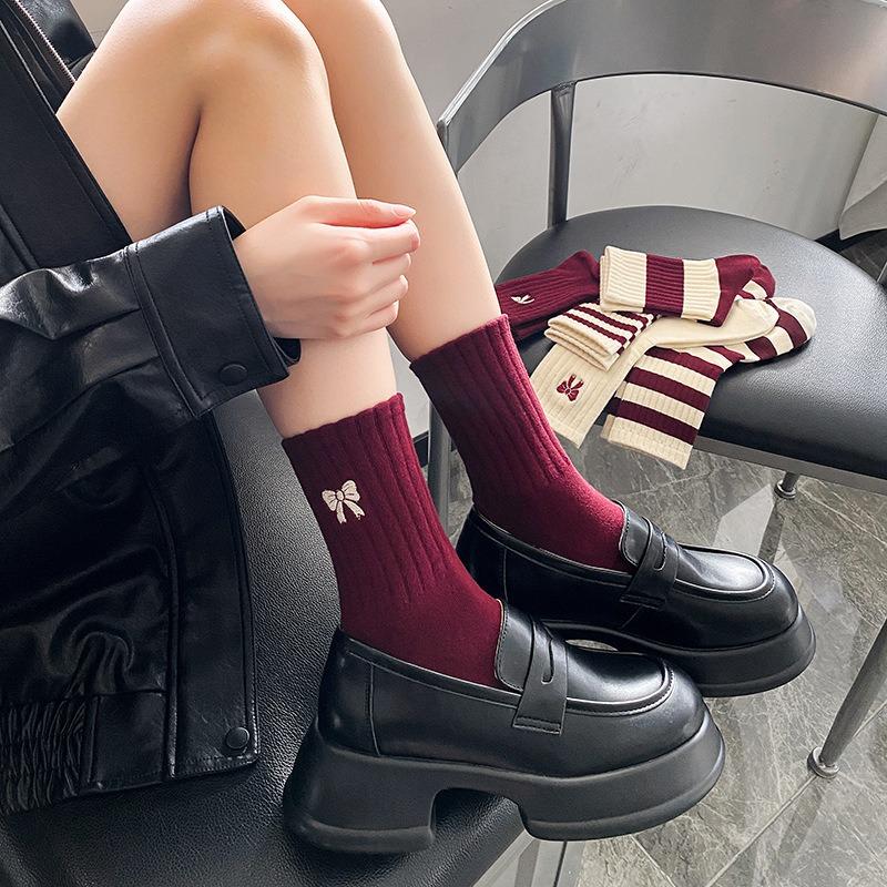 Women New Red Lovely Bow Mid-tube Beauty Korean Fashion Academy Style Boneless Pile Cotton Comfort Ins Sock Autumn Winter Socks