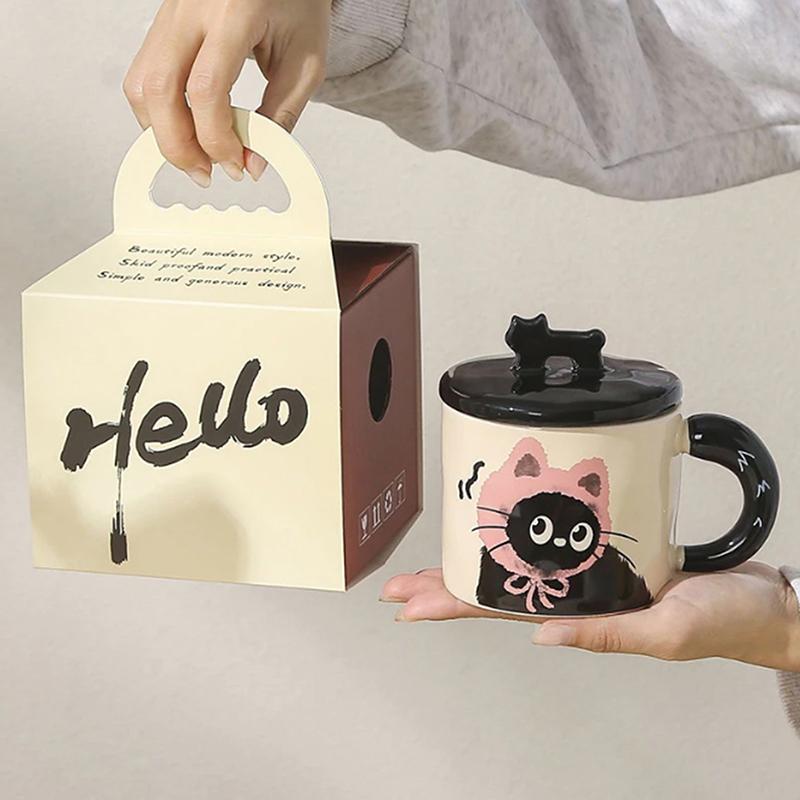 Roztomilý keramický hrnek s víčkem s kočkou, šálek na kávu, hrnek na pití, kancelářský dárek, praktický dárek k narozeninám