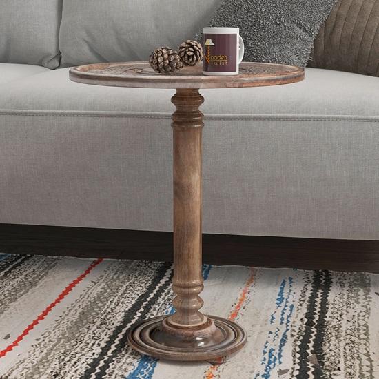 Round Mango Wood Sofa Table Hand Carved 56cm