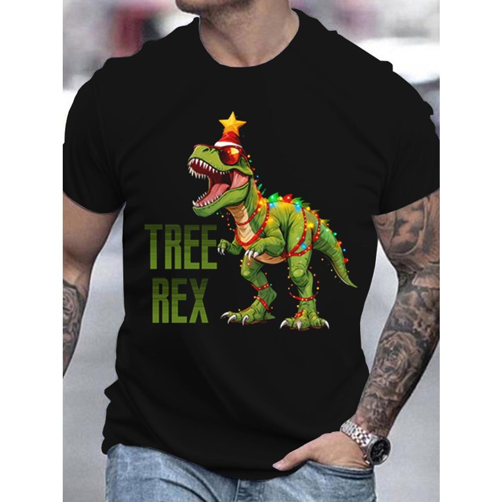 

European sizes Men S 3D Printed Christmas Tree Rex T-Shirt for Summer, Casual Round Neck, Short Sleeve Outdoor Wear 4XL