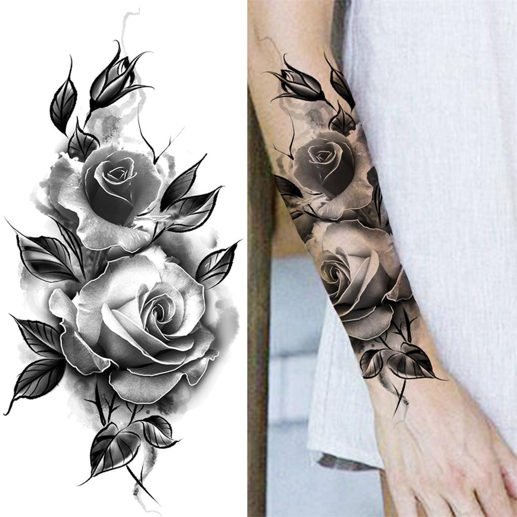 1 Sheet Black Flower Temporary Tattoos For Women Girls Realistic Fake Flora Floral Peony Tattoo Sticker Body Art Painting Decal