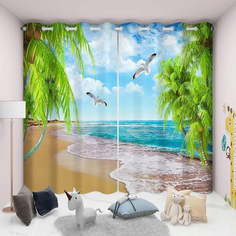 

2 шт. 3D балкон пляж пейзаж занавеска, оконная обработка для спальни гостиная кухня кабинет домашний декор шторы (W50H130cm)-2pcs&Grommet Top