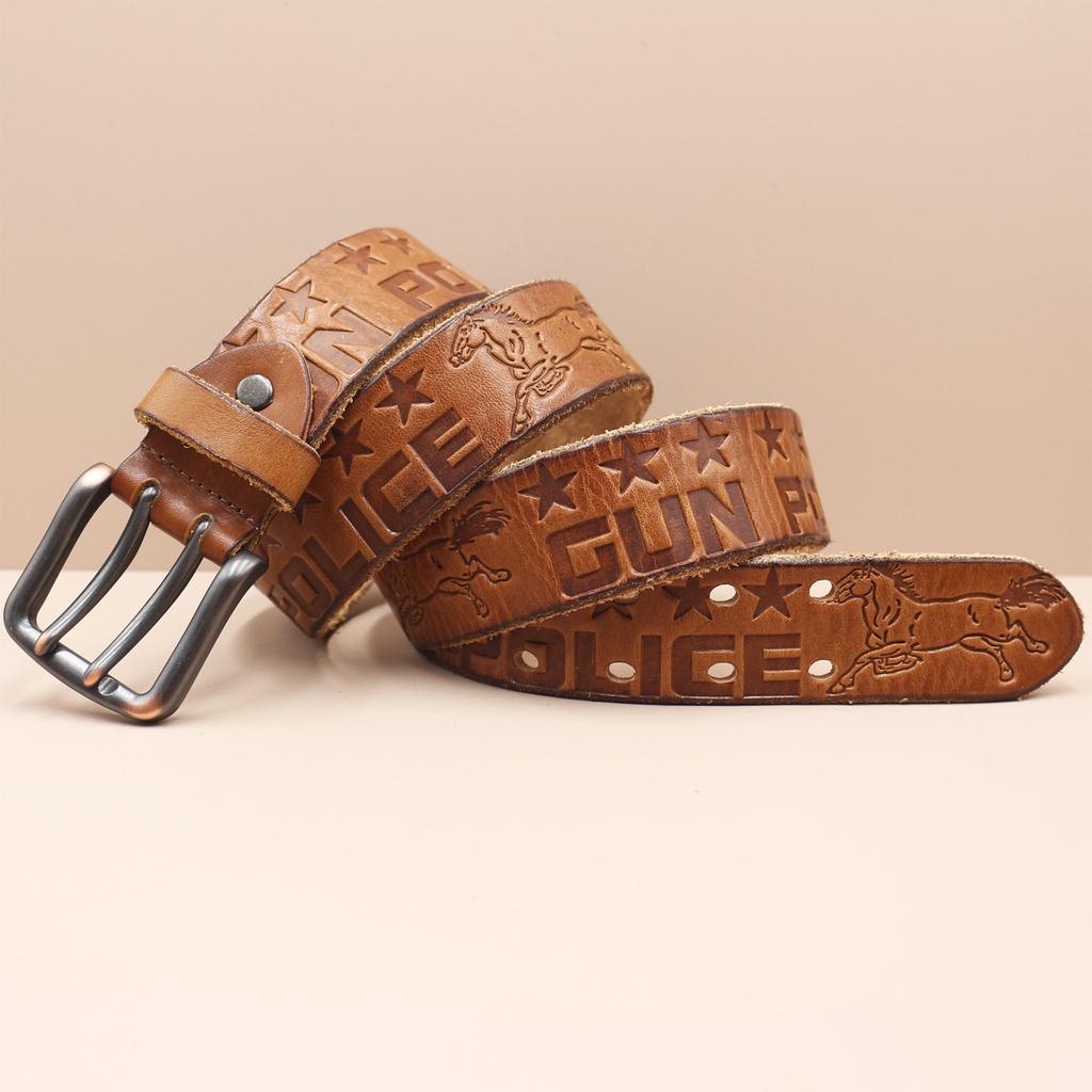 Men's Belt Genuine Leather Belt Double-pin Buckle Layer Cowhide Retro Youth Belt