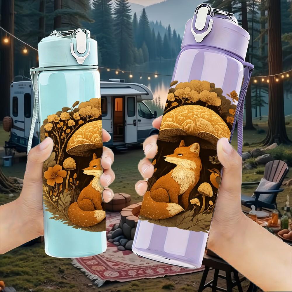 1PC Mushroom Forest Fox Art 750ml Color Plastic Sports Water Bottle Leakproof Flip Straw Lid Suitable for Sports Office Home Use