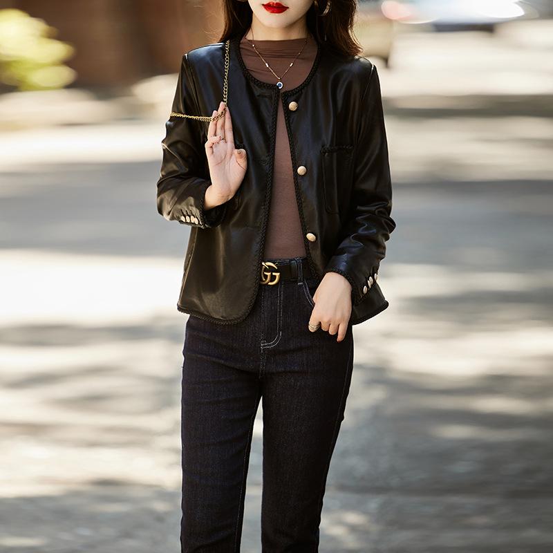 

Hua Ge Di Qing Genuine Leather Coat Women s Short Sheepskin Genuine Leather Coat Round Neck Small Fragrant Style Leather Jacket 2XL