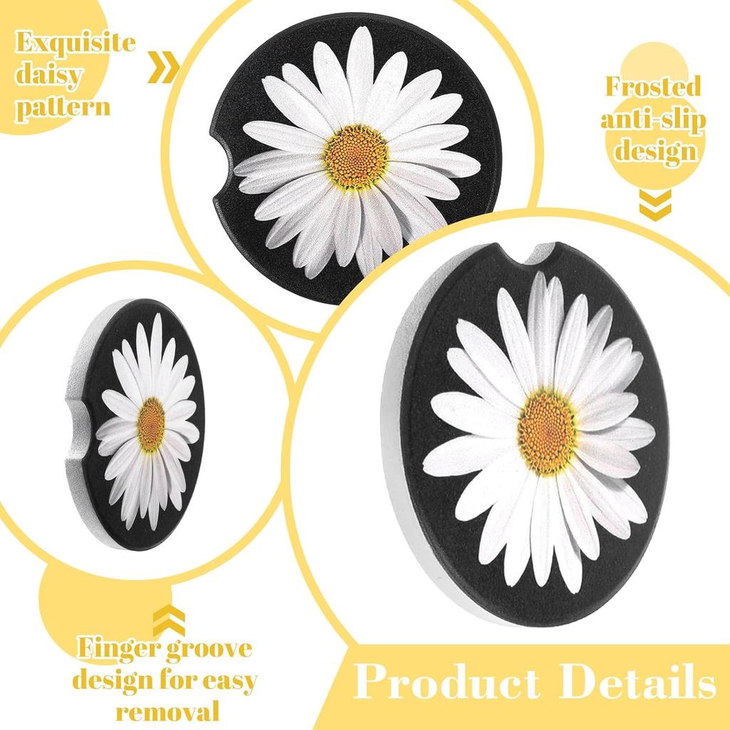 4Pcs Daisy Car Coasters for Cup Holders, Universal Non-Slip Absorbent Cup Holders, Cute Ceramic Drink Cup Car Holder Coasters, Car Interior