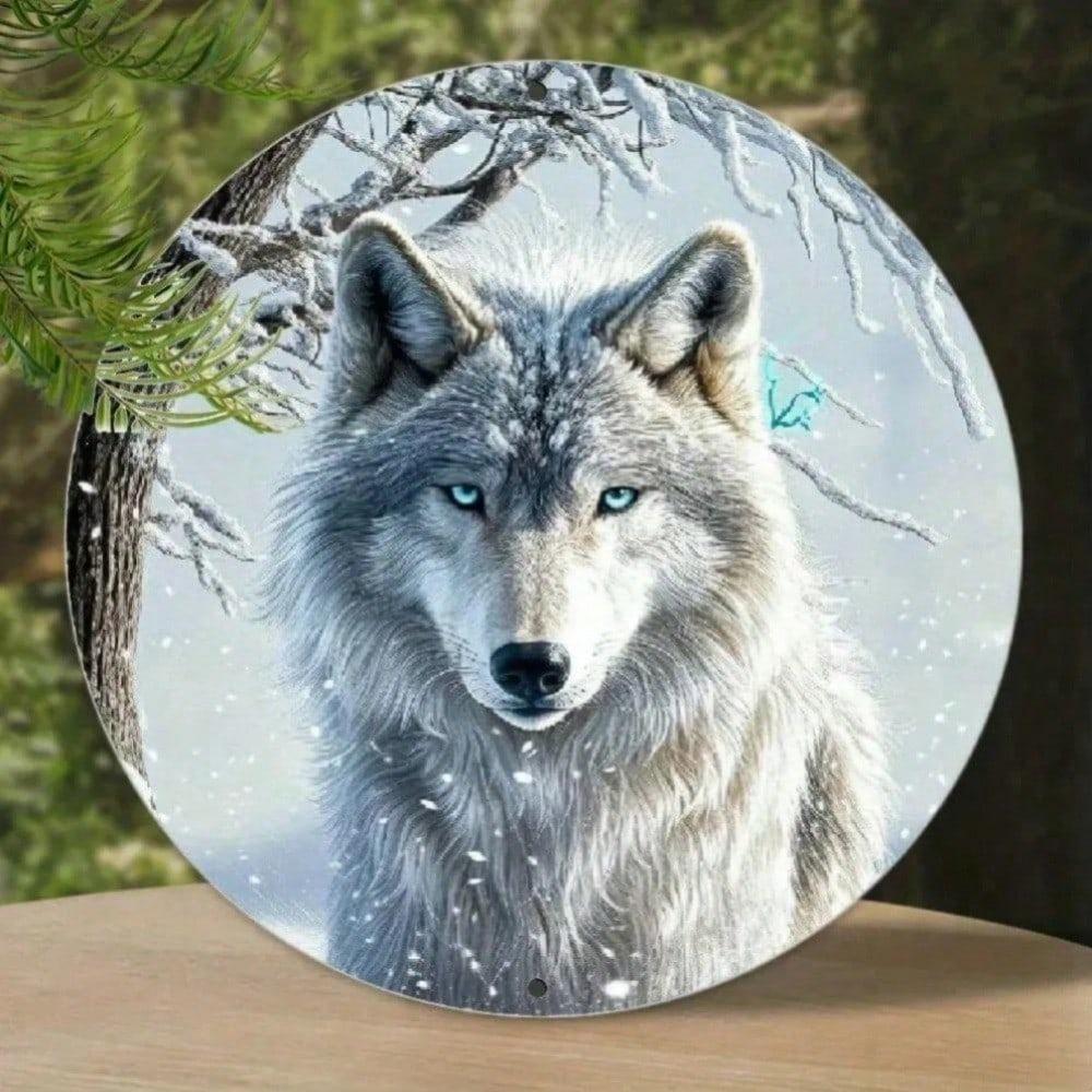 1PC 3D Wolf Wall Art Blue Eyes Snow Winter Design Metal Tin Sign For Living Room Home Decor