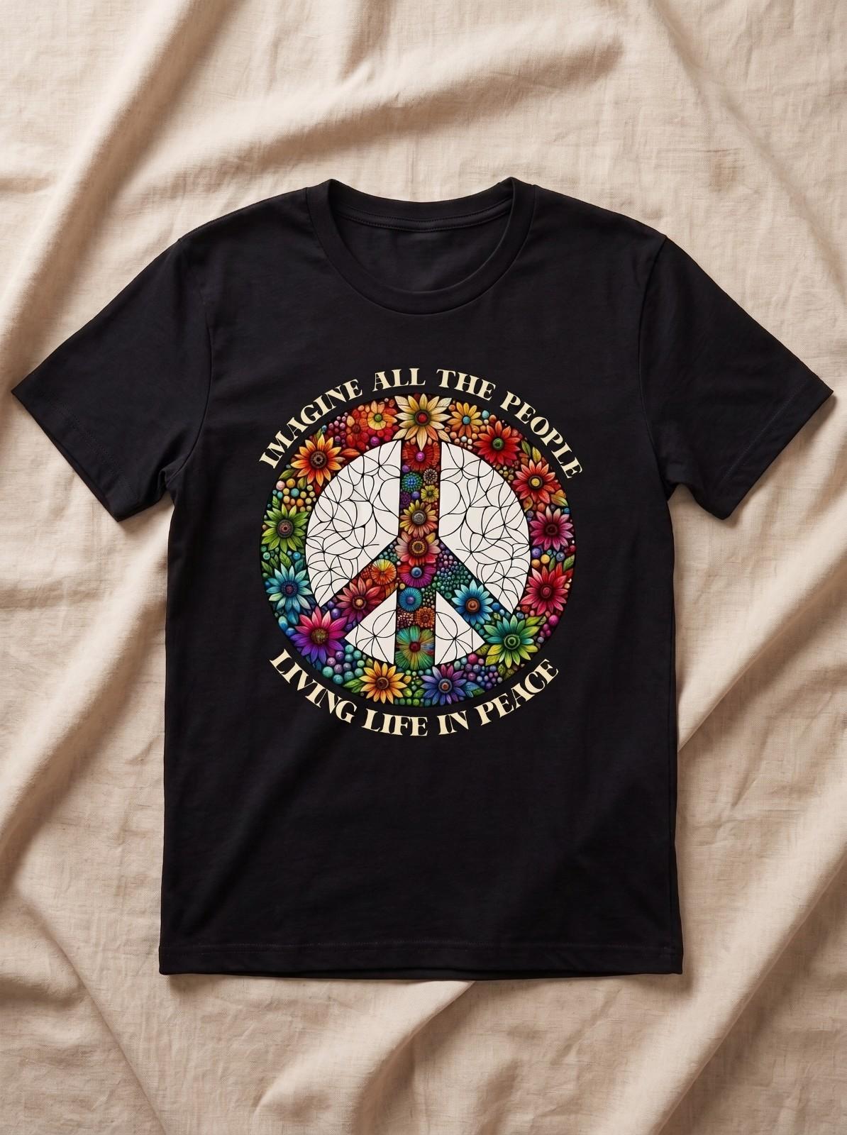 Imagine Peace Sign Flower Shirt, Retro Hippie Boho Comfort Colors Unisex T-Shirt S