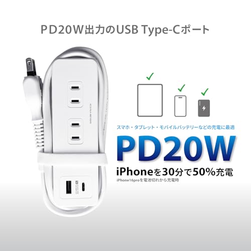 Kashimura Domestic/International Power Strip, 100-240V Input, AC4, USBA+C, PD20W, 1m, Auto-Discrimination, Reversible [4 AC Outlets, Total 1400W / 2 U