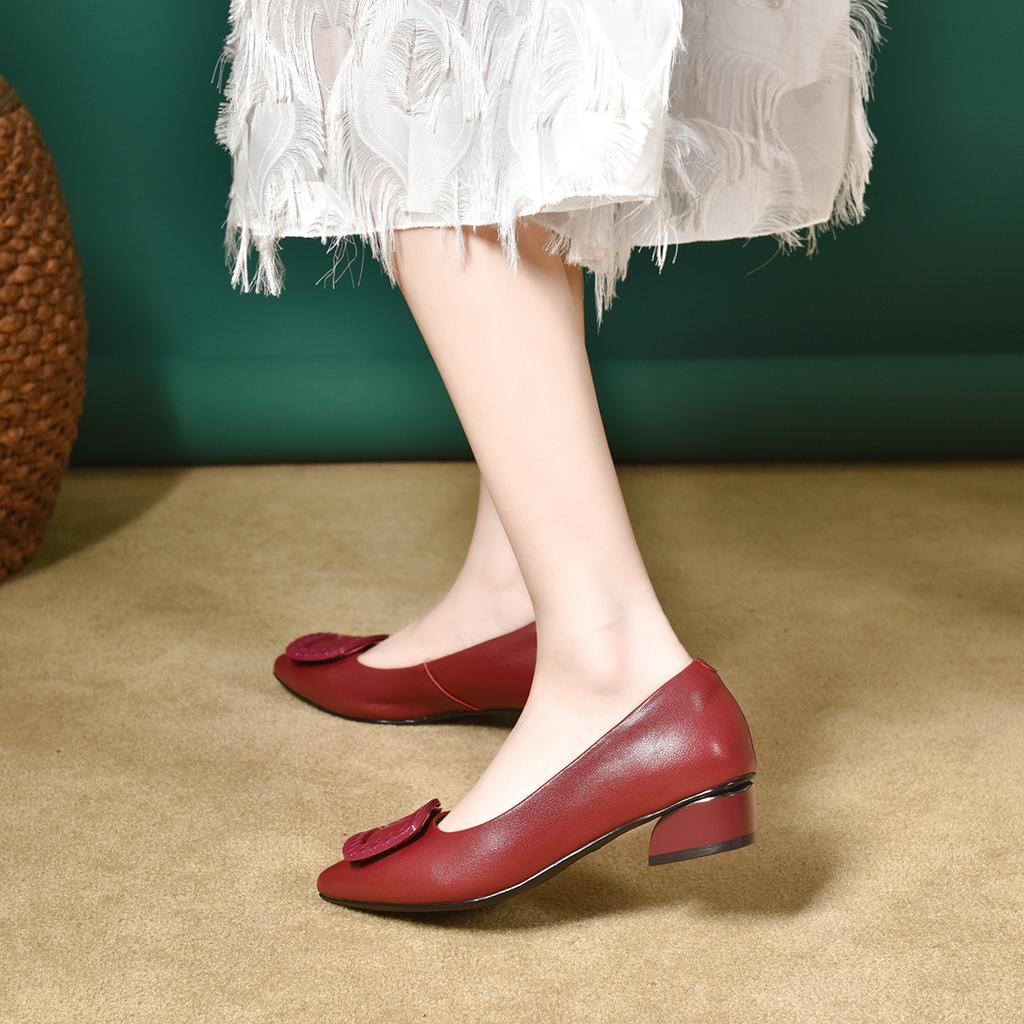 Square Buckle Single Shoes Women's Spring and Autumn New Pointed Leather Thick Heel Medium Heel Low Heel Versatile Spring Work Work Leather Shoes