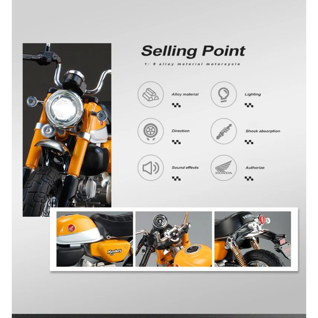 1/9 Honda Monkey 125 MINI Alloy Die Cast Motorcycle Model Toy Vehicle Collection Sound and Light Off Road Autocycle Toys Car