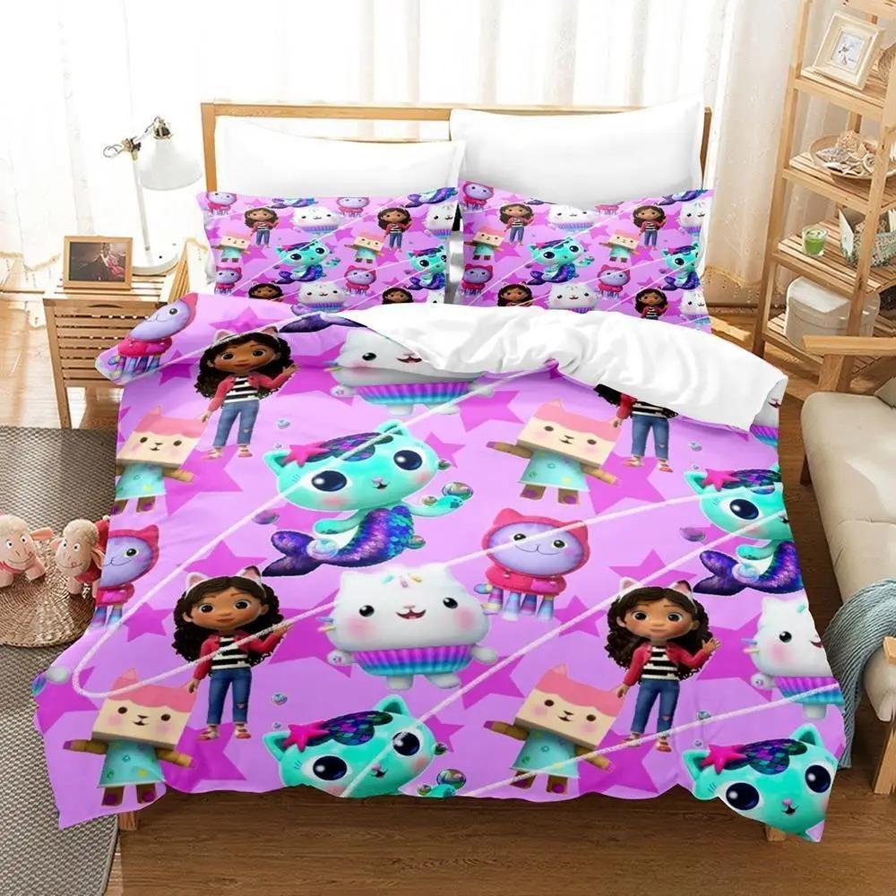 Gabbys Dollhouse Bedding Set Single Twin Full Queen King Size Bed Set Adult Kid Bedroom Duvet Cover Sets 3D Anime Bed Sheet Set