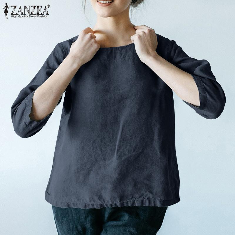 

ZANZEA Лето Повседневный O-образный вырез 3/4 Рукав Женщины Хлопчатобумажная блузка