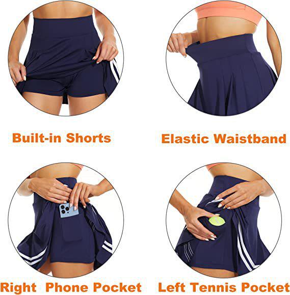 Women's Pleated Tennis Skirt with Pockets and Built-in Shorts - High-Elastic Golf Sports Skort