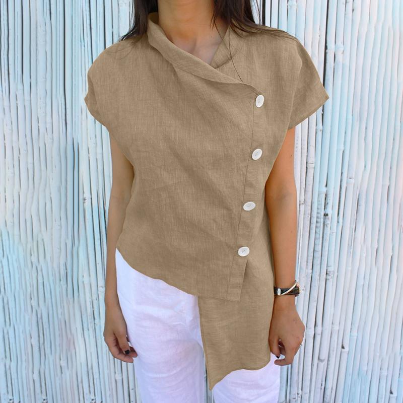 

ZANZEA Женская повседневная блузка с V-образным вырезом, летняя, с коротким рукавом, с неровным подолом S