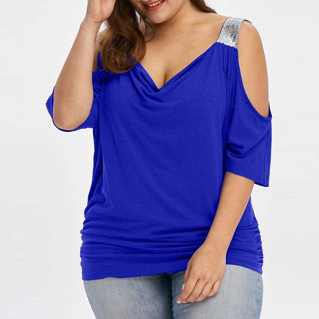Plus Size Women Cold Shoulder Loose Casual Short Sleeve Shirt Tops Blouse Tops