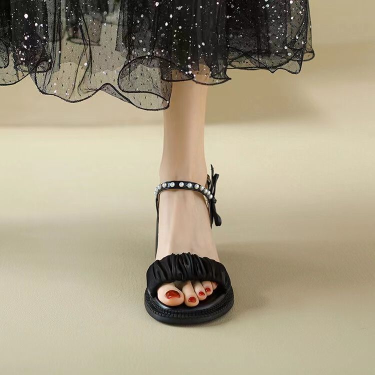Ladies Shoes Heeled Summer 2024 High Heels Sandals for Women Rhinestones Footwear Pumps Beige Bow Round Toe Tip Diamond Sale F H