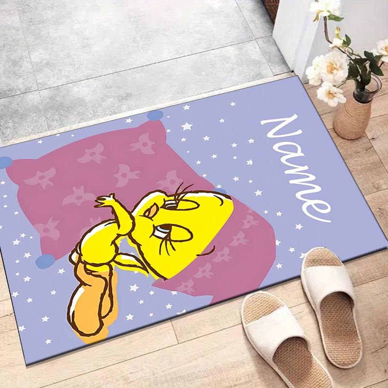 Custom Tweety Mat Personalized Name, Polyester Washable Indoor Entryway Rug, Gift for Christmas, Easter, Thanksgiving Day