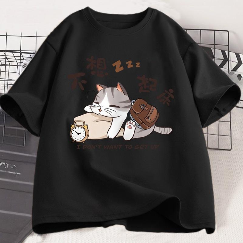 I Dont Want To Get Up Cat Graphic T Shirts Funny Cat Lover Printed Tshirt Casual Trendy Cotton Oversized Women Clothes Tops