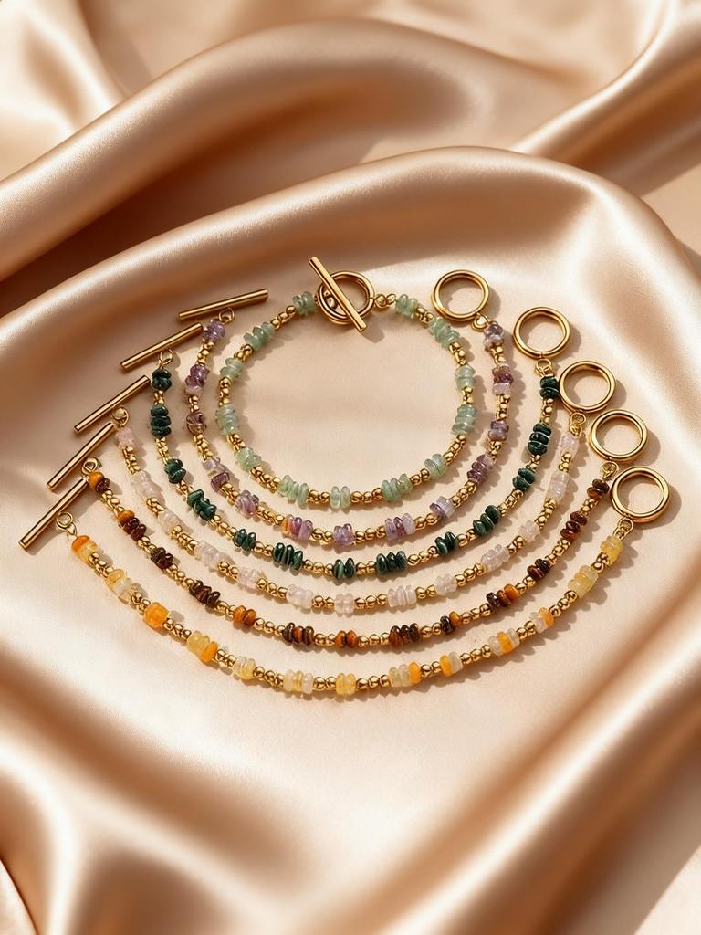 Dainty Boho Colorful Crystal Beads Bracelet for Women, Stainless Steel OT Buckle Natural Stone Bracelet, Exotic Handmade Jewelry