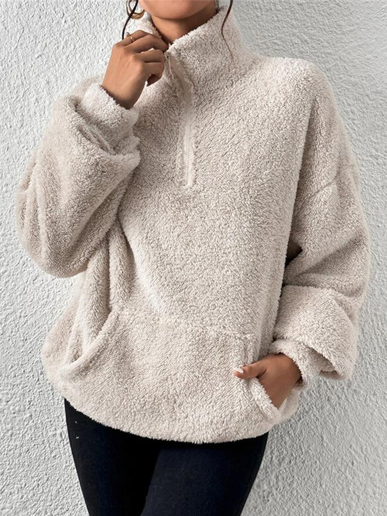 Damen-Sweatshirt mit Stehkragen, modischer einfarbiger Pullover, Sherpa, lässige Oberbekleidung