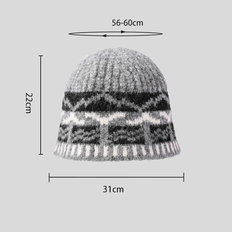 Vintage Jacquard Strickmütze Damen Warme Fischerhut Ohrenschutzmütze