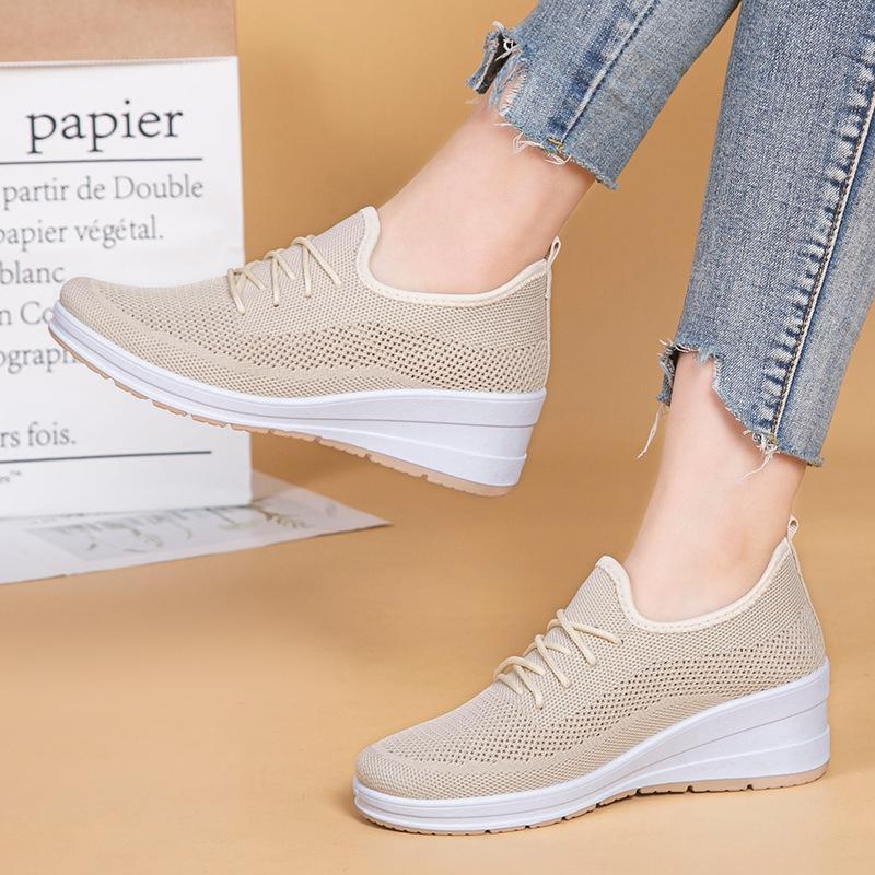 2024 Summer Net Shoes Women's Inner Elevation Shoes Breathable Mesh Surface Non-slip Soft Sole Comfortable Casual Shoes White Sports Shoes