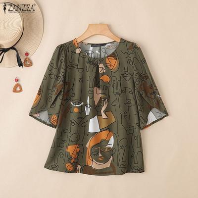 Women Casual Round Neck Half Sleeve Loose Print Blouse