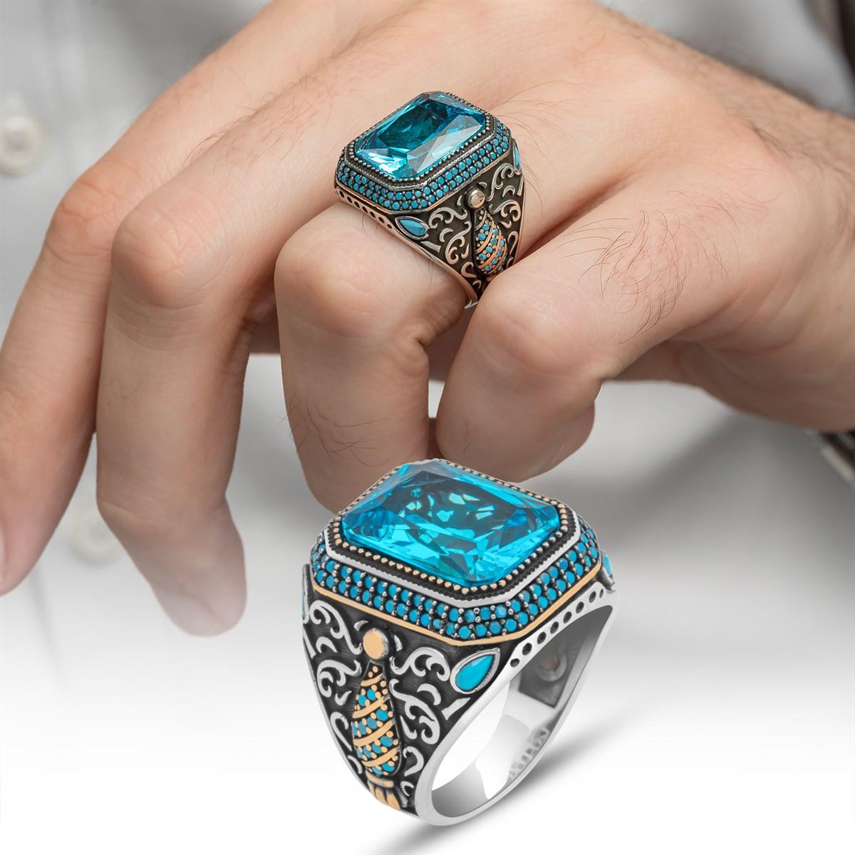 

Прямоугольное мужское кольцо Aqua Blue Stone из стерлингового серебра 925 пробы