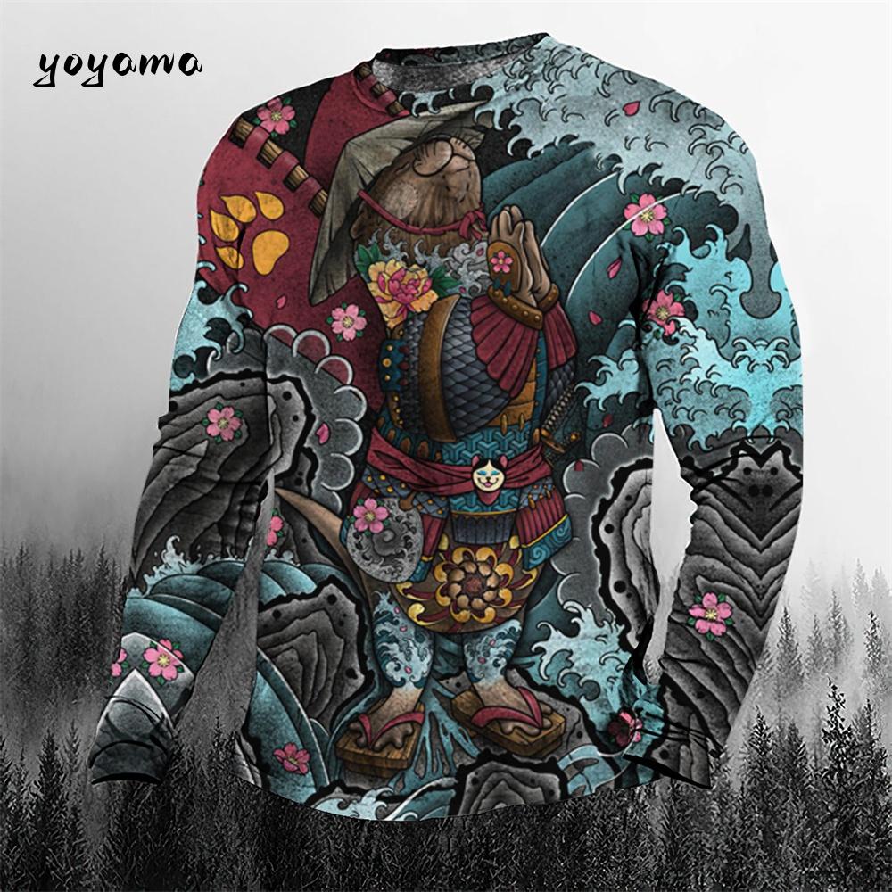 Rundhals 3D Japanischer Samurai-Druck Lässige Langarm-Herren-T-Shirts - Weicher, mittelelastischer Polyesterstoff Frühling und Herbst Relaxed Fit Kleidung