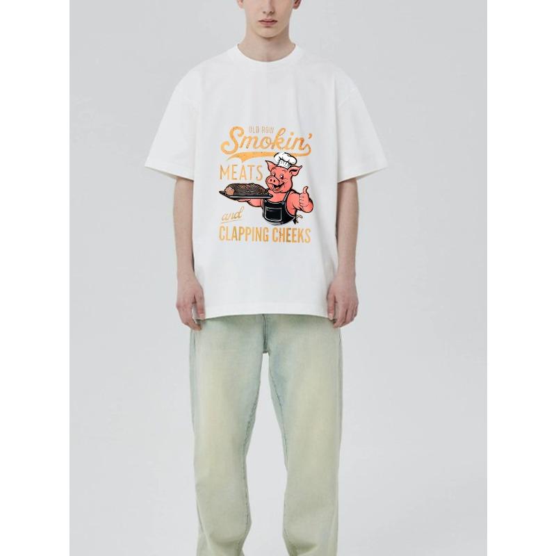 Crewneck T Shirt Black Smokin Meats and Clapping Cheeks Pig Chef Graphic Print Casual Wear for Men and Women