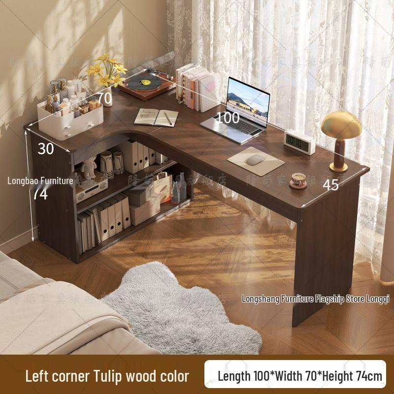 Compact Corner Computer Desk with Integrated Bookshelf & Vanity for Bedroom or Home Office
