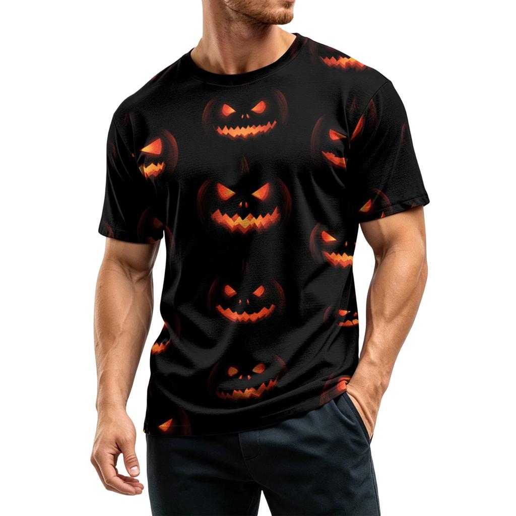 Men Casual Crew Neck Lightweight Breathable Short Sleeve Top with Halloween Themed Printed Pattern for Daily Wear