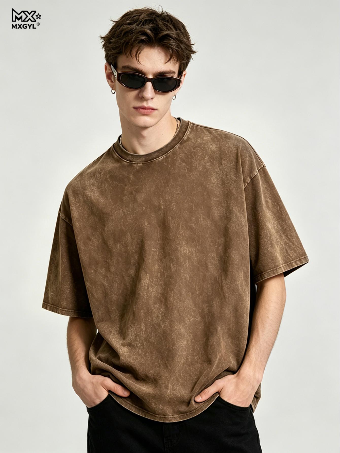Mingxin clothing Heren 100% Katoen Zuur Gewassen T-shirts Effen Custom Print Vintage Tee Gewassen Oversized T-shirt Tops Harajuku Streetwear Top M bruin