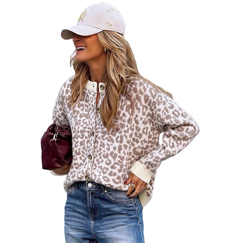Women's Leopard Print Cardigan with Ribbed Cuffs, Front Button Closure