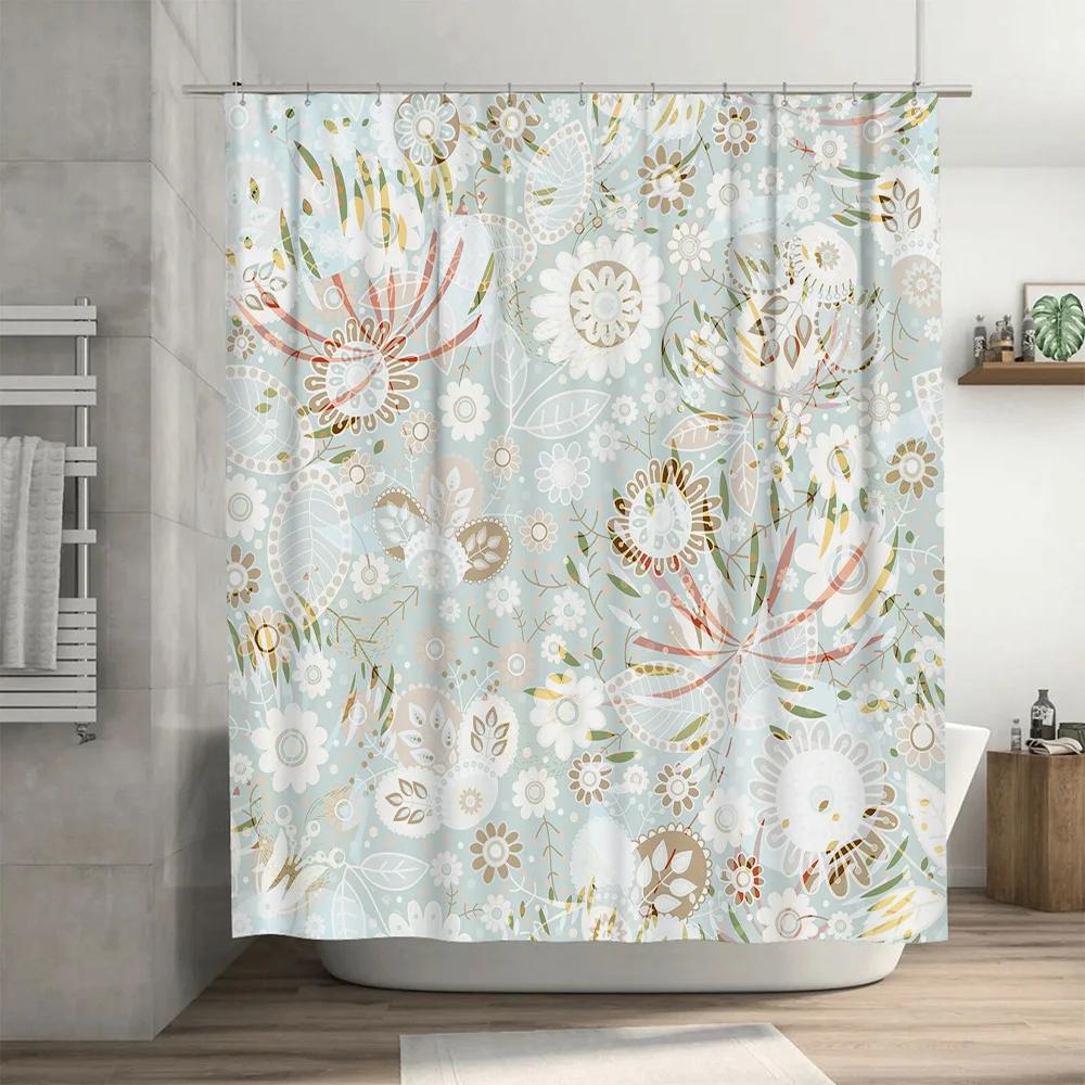 Modern Floral Print Shower Curtain Luxury Waterproof Bath Decoration for Home Decor Bathroom Accessories (Blue White)