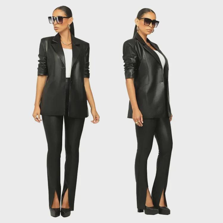 RC3090 Women's V-Neck Leather Split-Leg Pants Suit - European & American Style