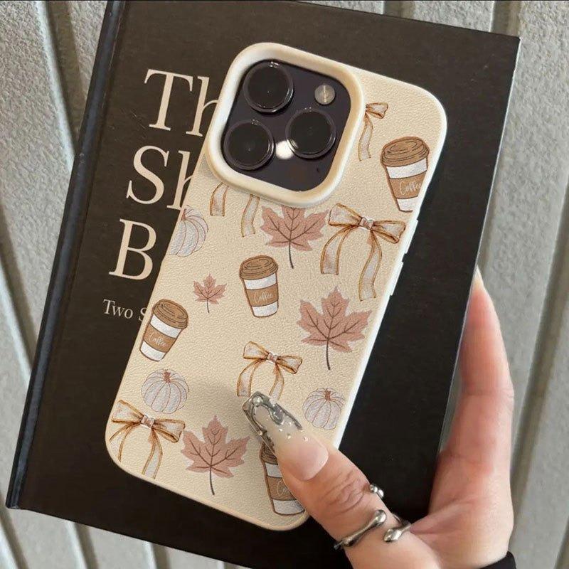 

Maple Leaf Coffee Pattern Soft Phone Case For iPhone 17 16 Pro Max 15 Plus 14 13 12 11 17Air XS Max XR X Faux Leather Cover iPhone 13