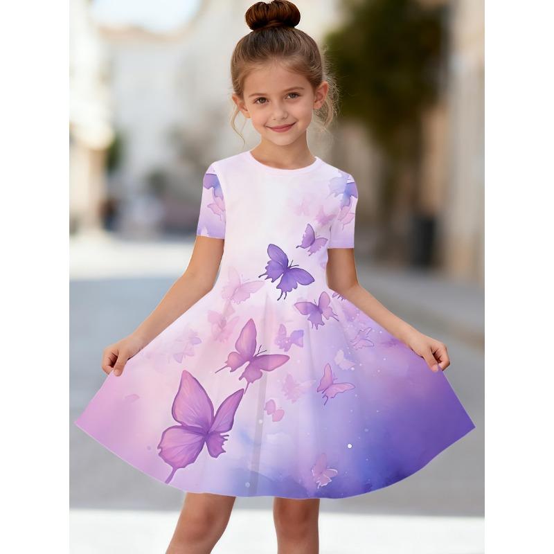 [Girls' Butterfly Dress] Holiday Party Girl Short Sleeve Dress - 3D Butterfly Princess Print,