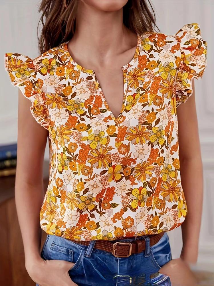

Летние элегантные топы с коротким рукавом и цветочным принтом, новые женские, эстетичные, шикарные, повседневные, свободные, с принтом, женские, плиссированные, с оборками, пляжные, клочинги S оранжевый