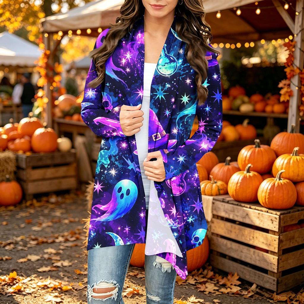 Damen Trendy Halloween-Print Langarm-Strickjacke Pullover für Lässige Herbstmode
