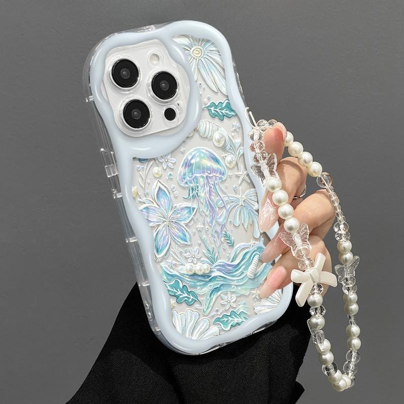 Blue Ocean Jellyfish Pattern Clear Phone Case For iPhone 11 12 13 14 15 16 17 Pro Max 16E 17E With Lanyard Wavy-edge Soft Cover