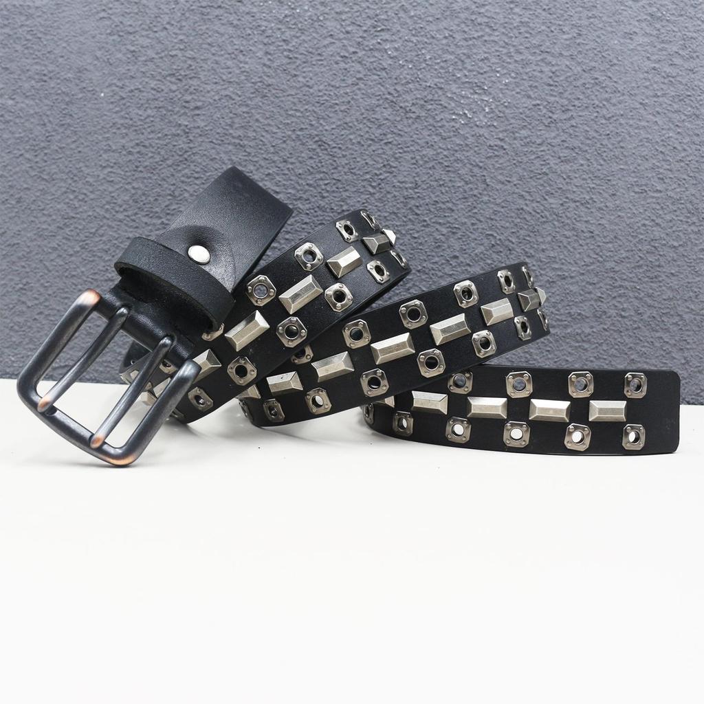 Gothic Double Eyelet Rivet Leather Belt - Top Layer Cowhide, Heavy Industry American Style, Y2K