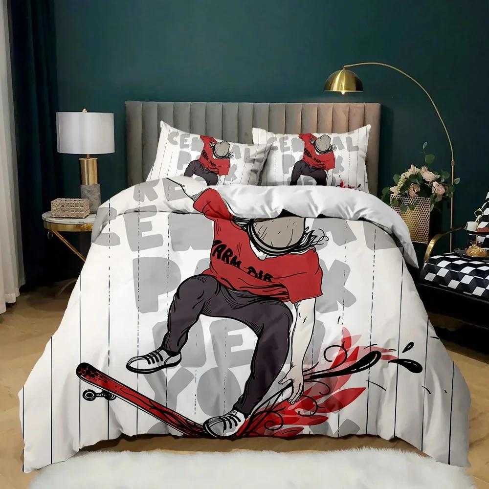 Skateboard-Bettbezug-Set, Hip-Hop-Stil, Bettwäsche-Set, bunt, Regenbogen, Batik, Hippie, abstrakte Graffiti-Kunst, Polyester-Bettbezug