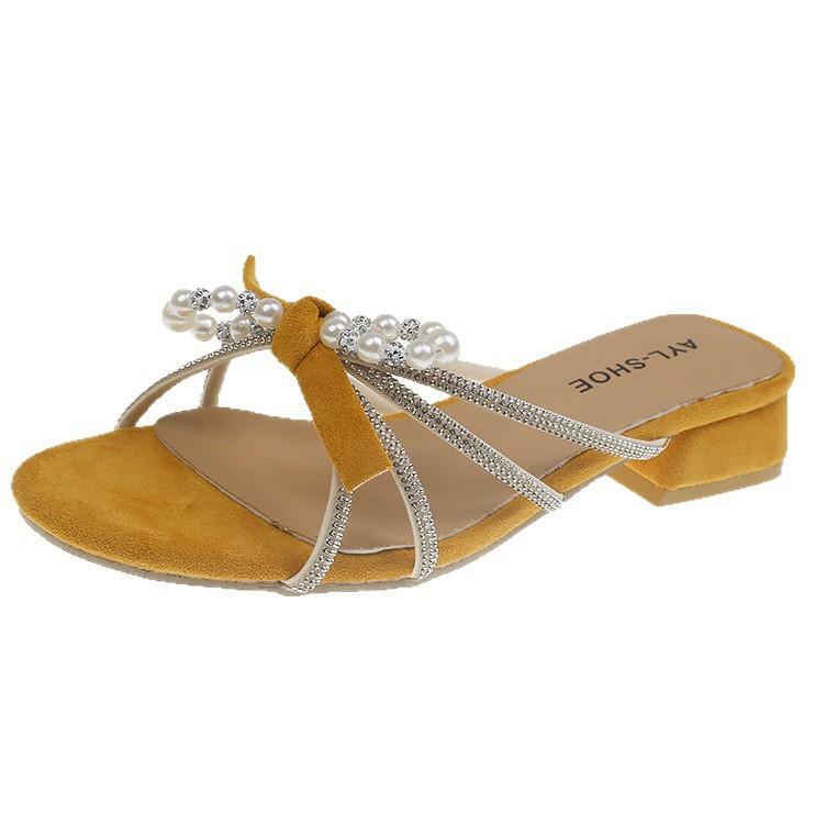 Round head beautiful rhinestone thick heel sandals women's slippers women's summer wear bow pearl small toe